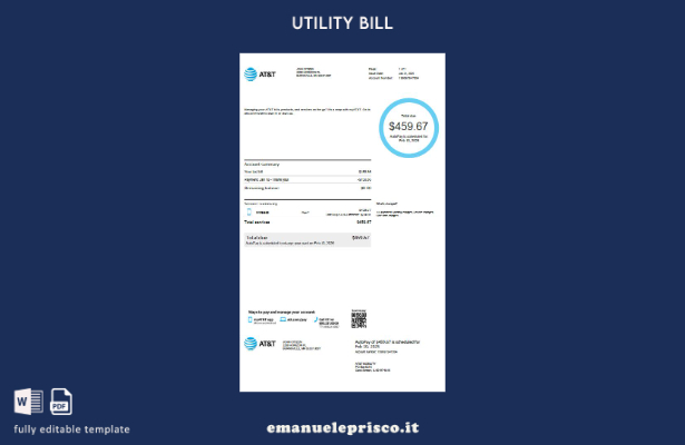 modello di versione della bolletta delle utenze AT&T USA in stile verificato